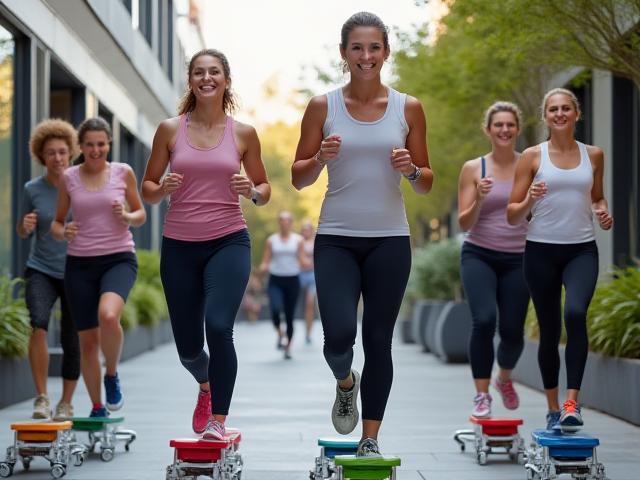 Corporate wellness team in Melbourne using colorful steppers during a lunchtime fitness event.